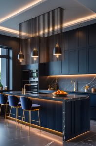 ""High-gloss PU kitchen island with marble top modern lighting by RA Creative Designs" a one stop Interior company kitchen Noida"